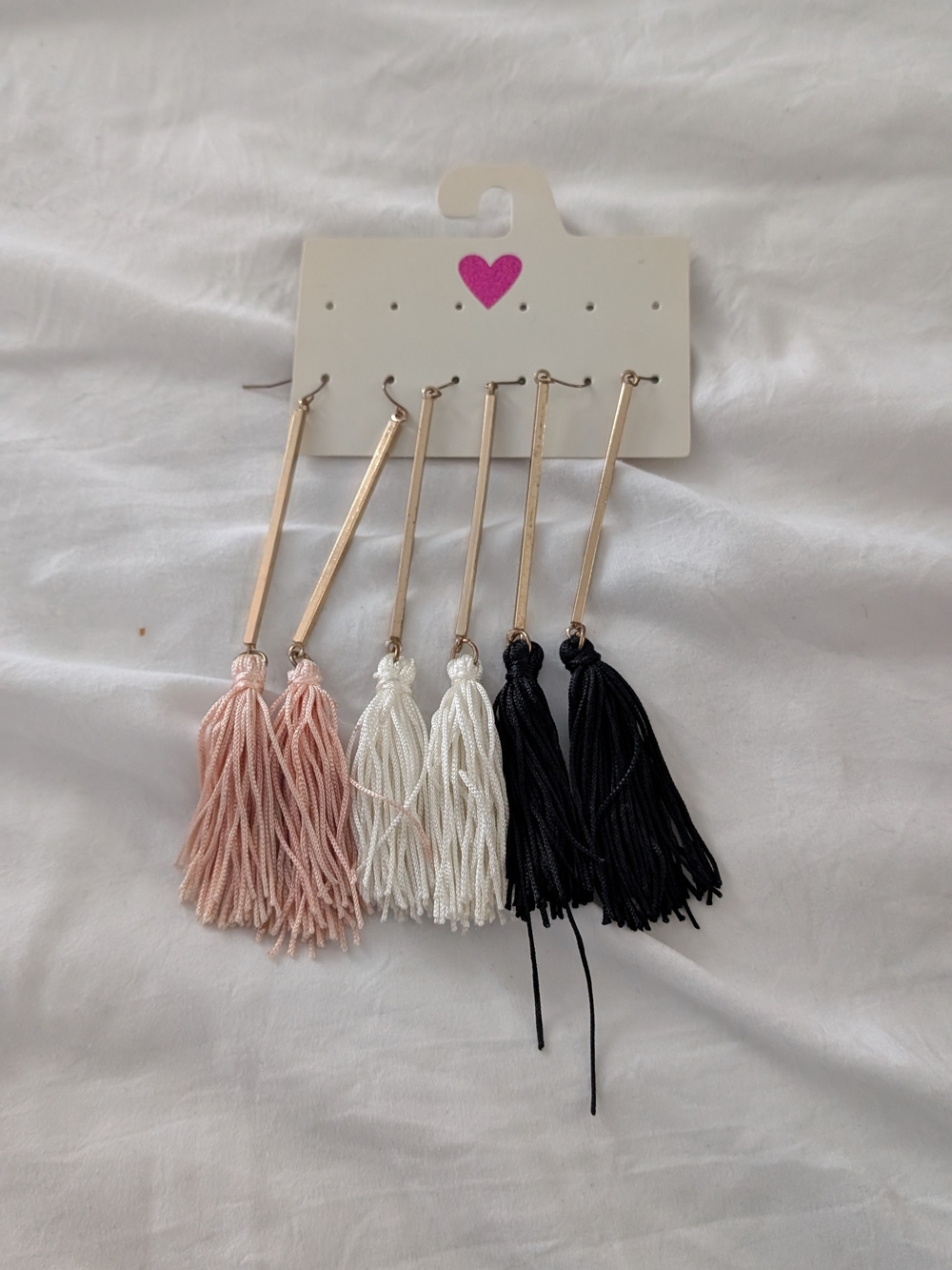 Tassel Drop Earrings - Pink, White & Black - Unbranded